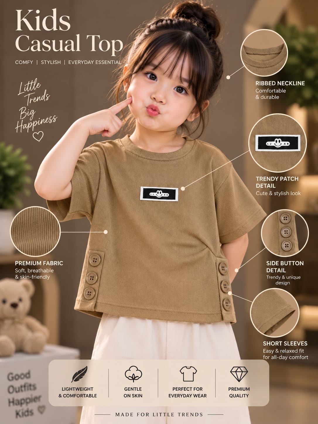 Girls Beige Ribbed T-Shirt with Side Button Detail – 16 to 22