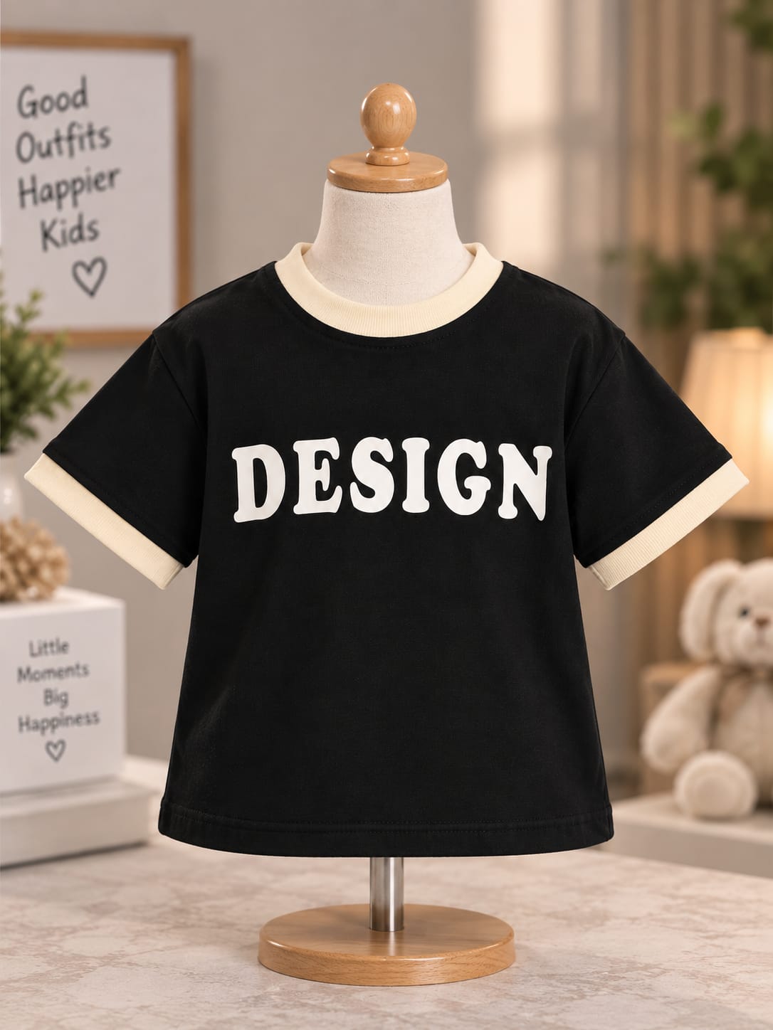 Girls Black & Cream Contrast T-Shirt with “DESIGN” Print Size- 16 to 22