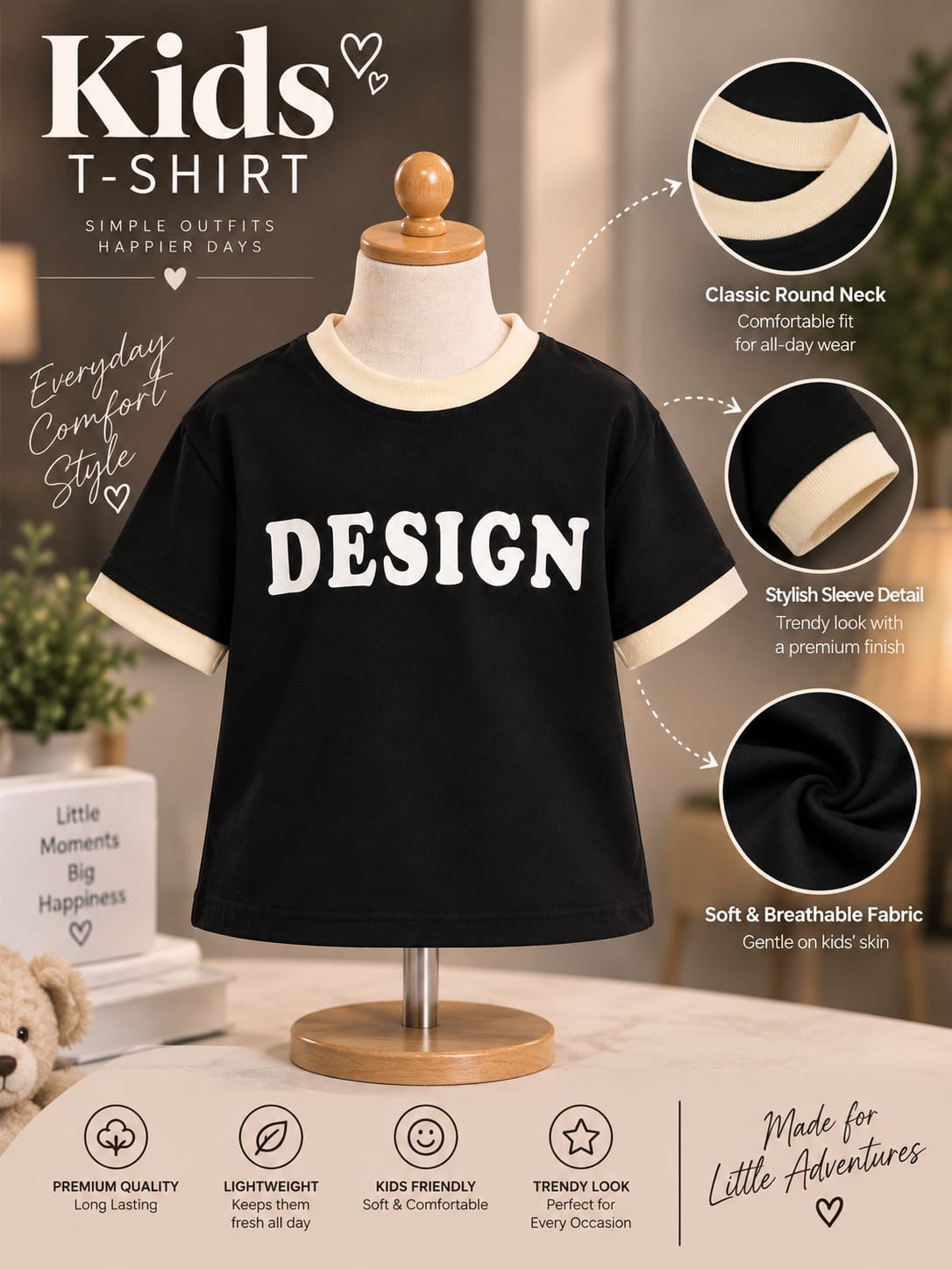 Girls Black & Cream Contrast T-Shirt with “DESIGN” Print Size- 16 to 22