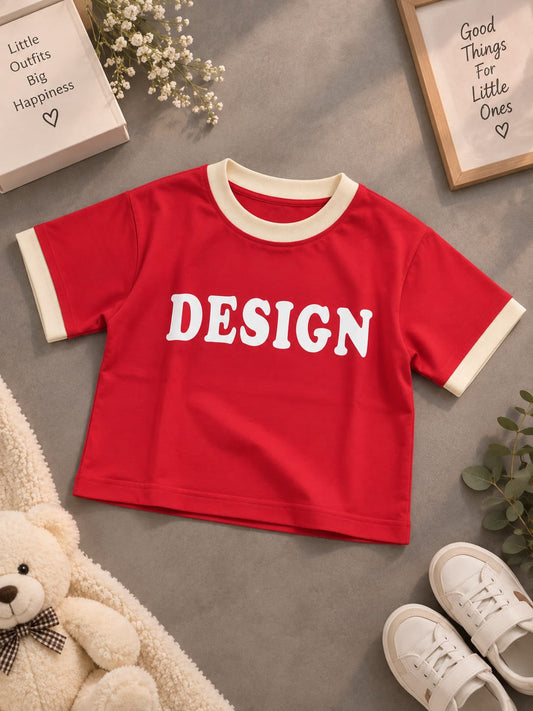 Girls Kids Red & Cream “DESIGN” Printed Half Sleeve T-Shirt