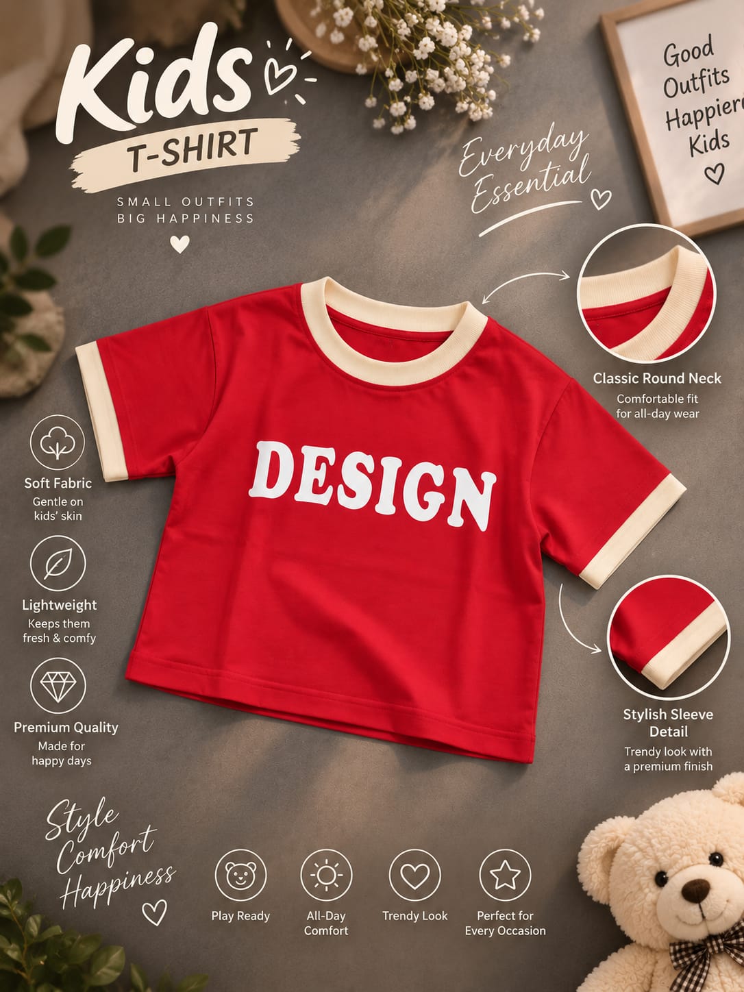 Girls Kids Red & Cream “DESIGN” Printed Half Sleeve T-Shirt