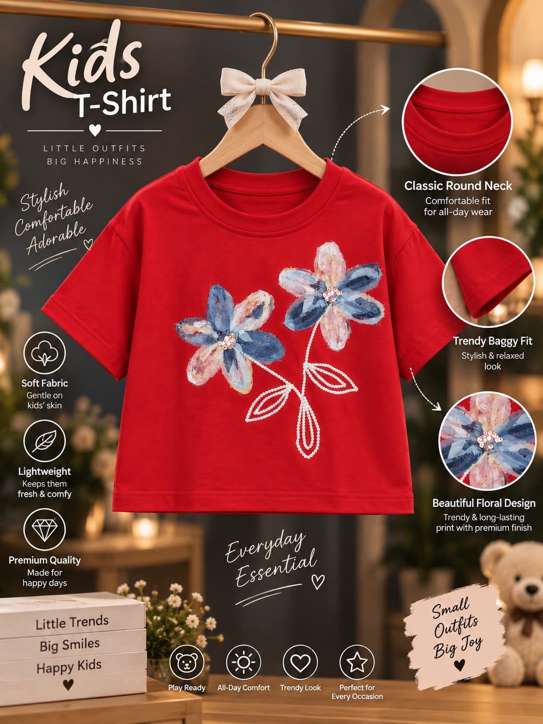 Girls Kids Red Floral Embellished Half Sleeve T-Shirt | Sizes 16–22
