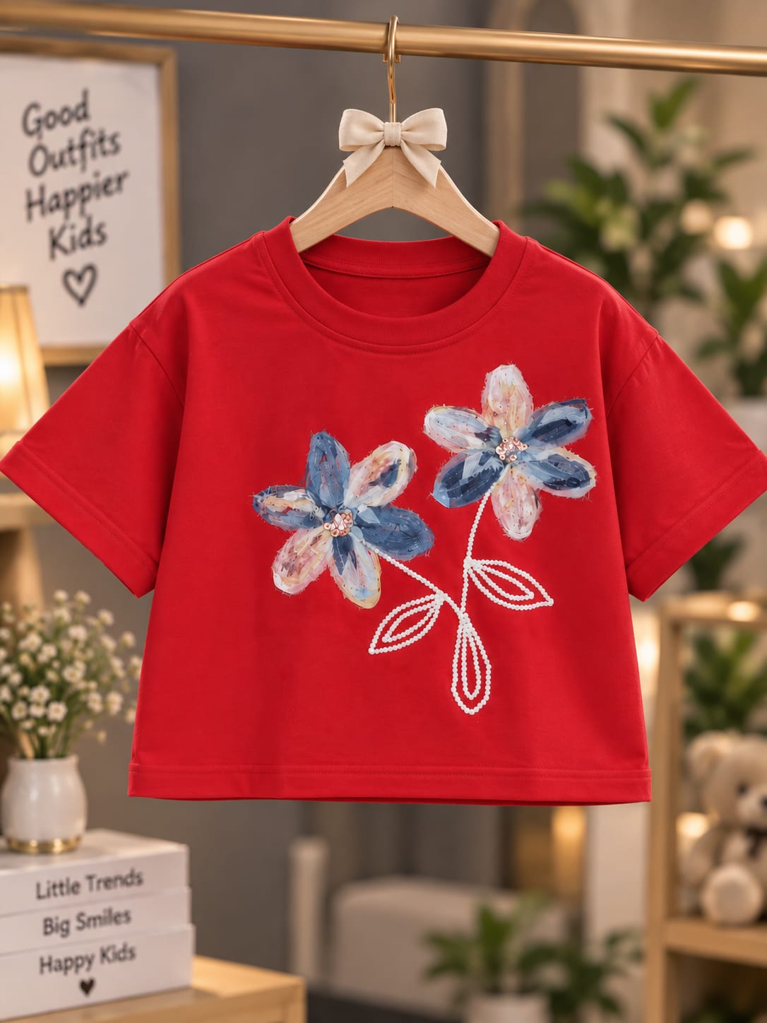 Girls Kids Red Floral Embellished Half Sleeve T-Shirt | Sizes 16–22