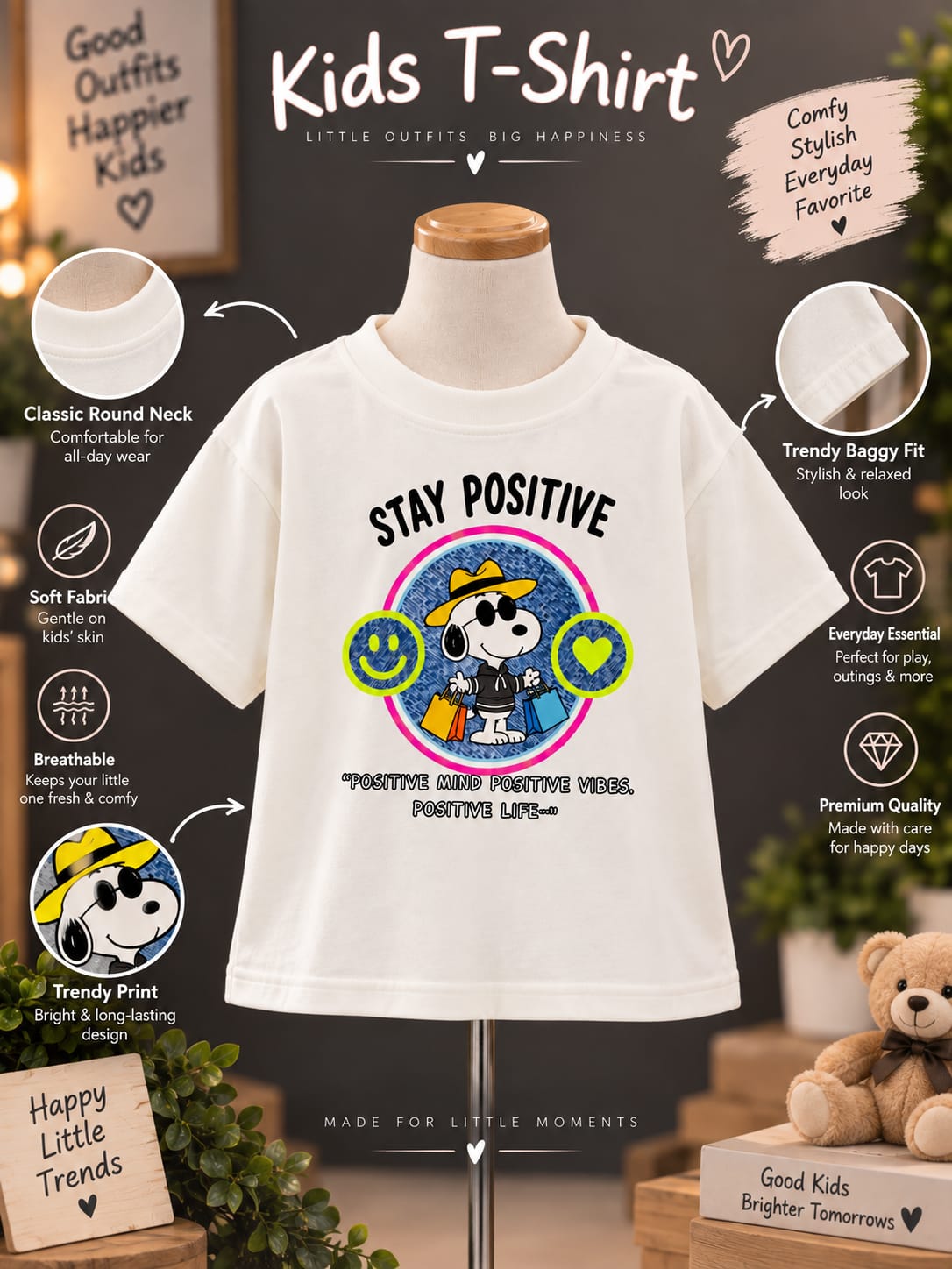 Girls Kids White Printed T-Shirt – Stay Positive Graphic | Sizes 16–20