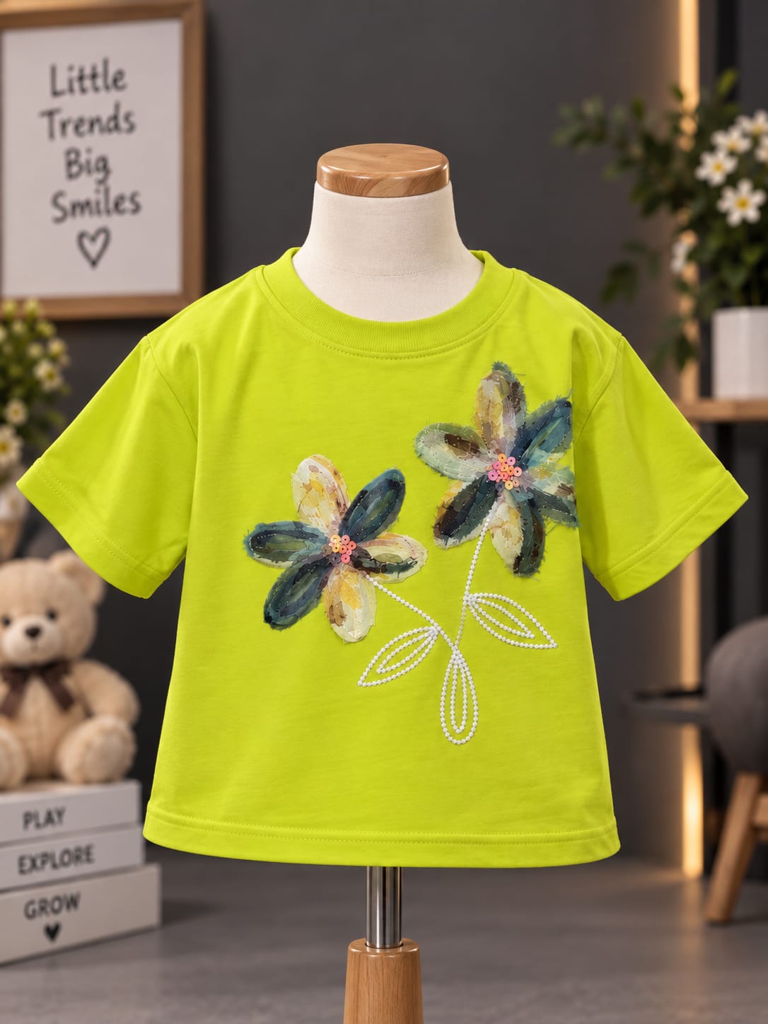 Girls Lime Green Floral Embroidered T-Shirt – Stylish Flower Design | Sizes 16–22