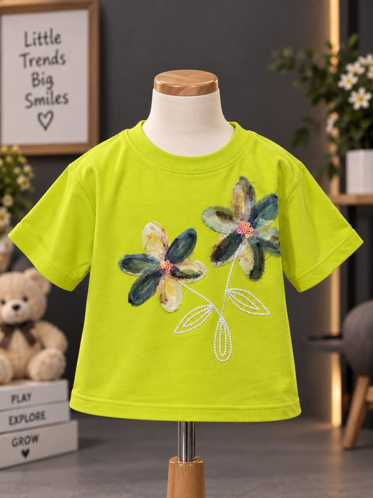 Girls Lime Green Floral Embroidered T-Shirt – Stylish Flower Design | Sizes 16–22