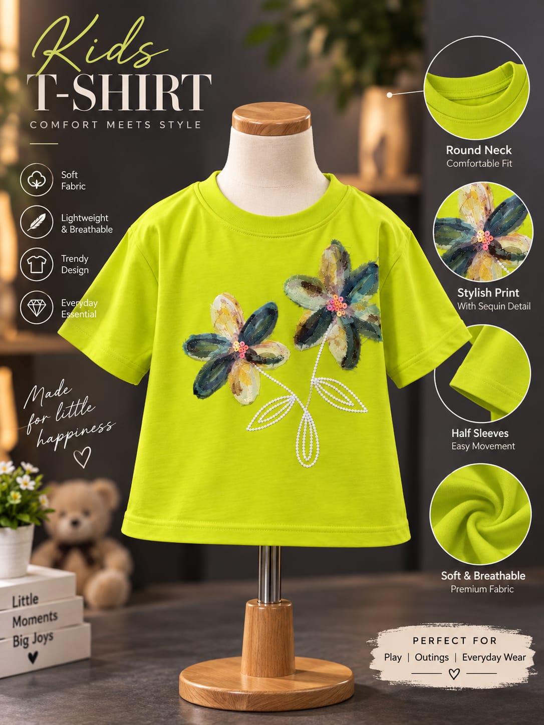 Girls Lime Green Floral Embroidered T-Shirt – Stylish Flower Design | Sizes 16–22