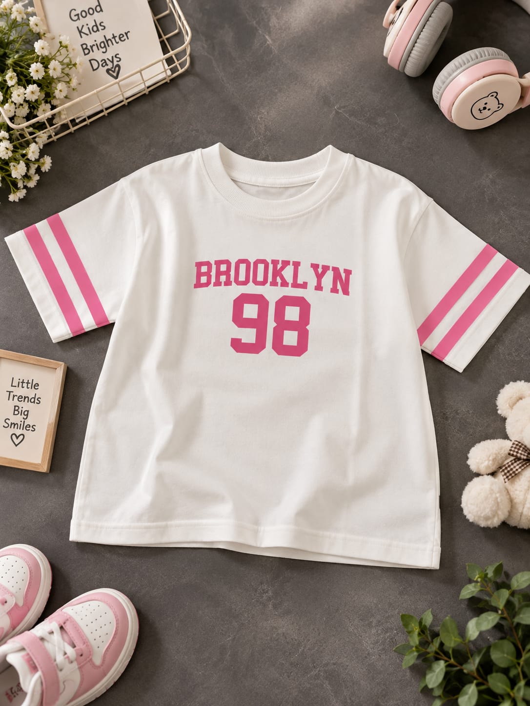 Girls White & Pink “BROOKLYN 98” Printed T-Shirt – Stylish Casual Wear | Sizes 16–22