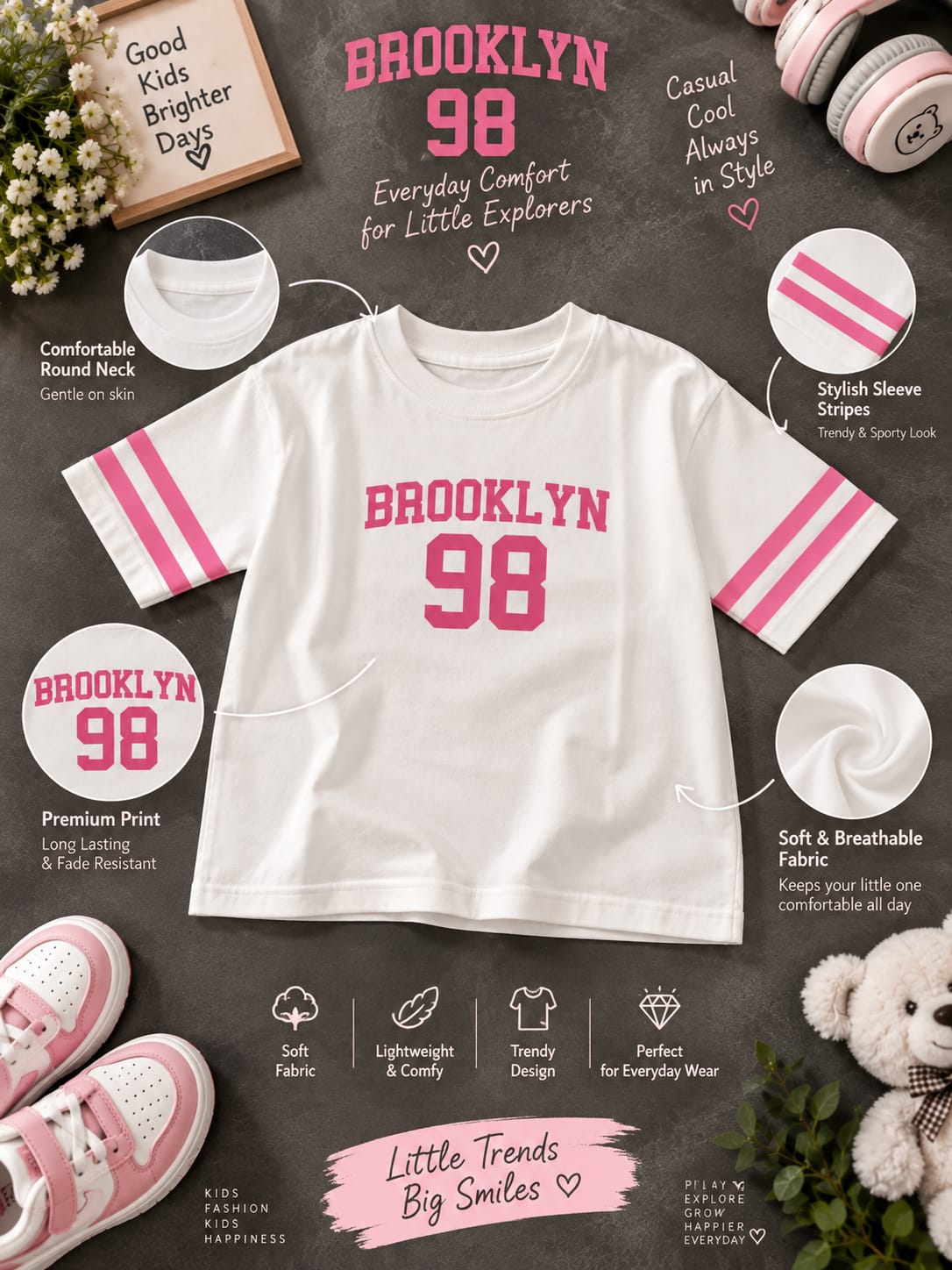 Girls White & Pink “BROOKLYN 98” Printed T-Shirt – Stylish Casual Wear | Sizes 16–22