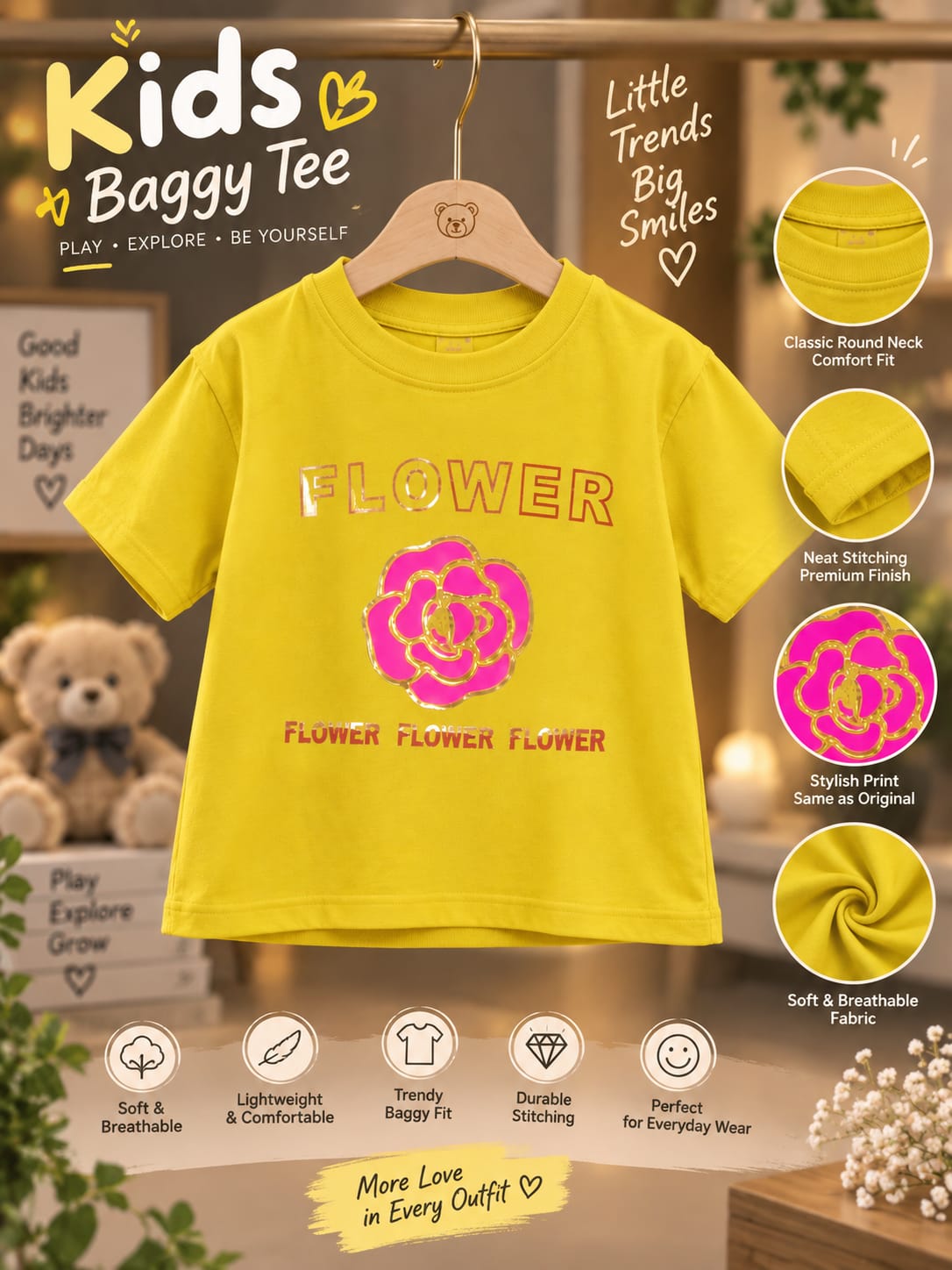 Girls Yellow Floral Printed T-Shirt – Stylish Flower Graphic Design | Sizes 16–24