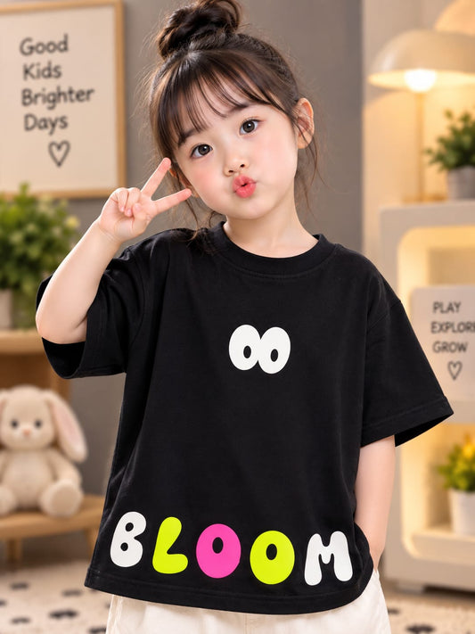 Kids Black BLOOM Graphic Print T-Shirt | Half Sleeve Round Neck | Sizes 16–20
