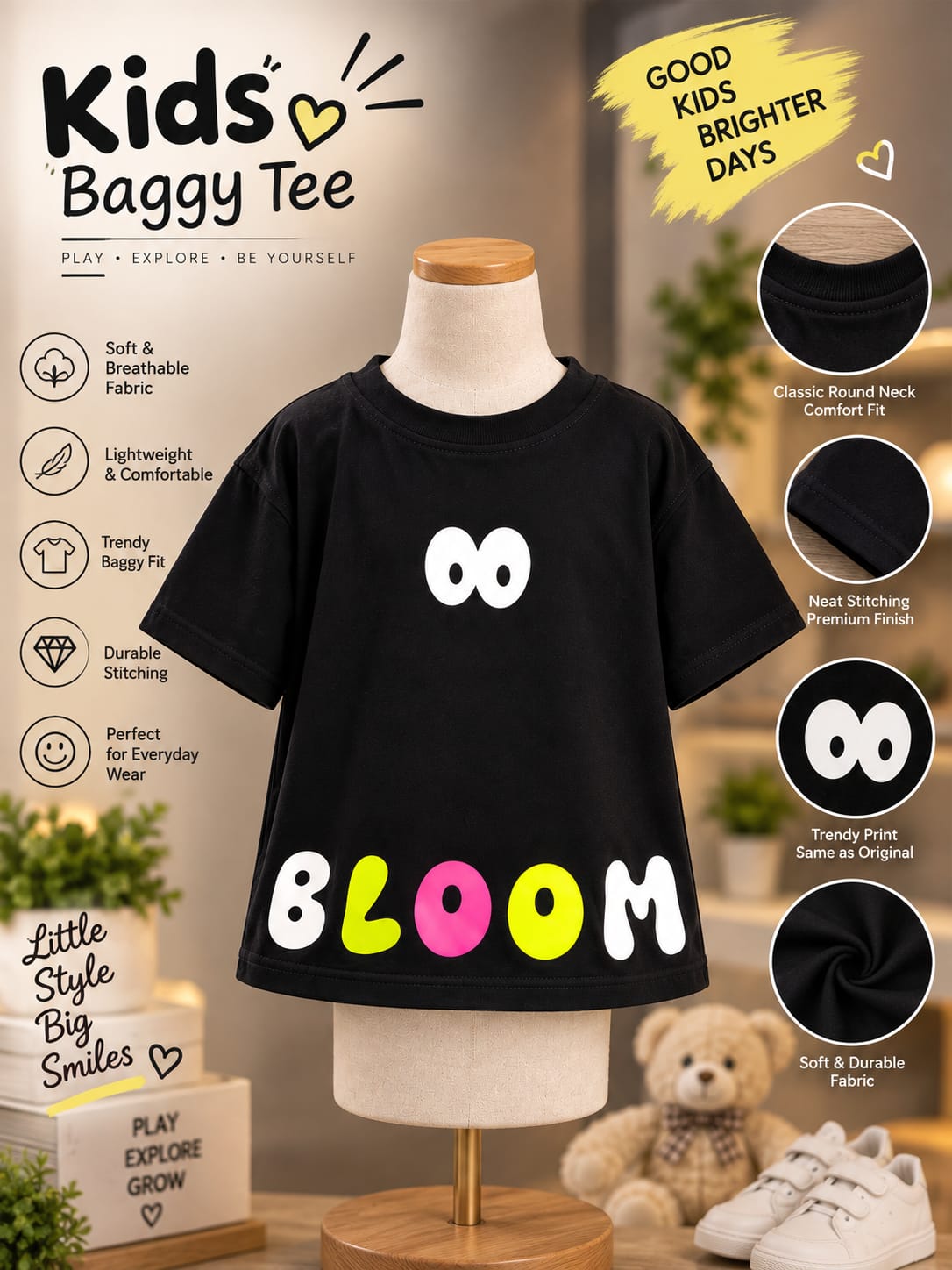 Kids Black BLOOM Graphic Print T-Shirt | Half Sleeve Round Neck | Sizes 16–20