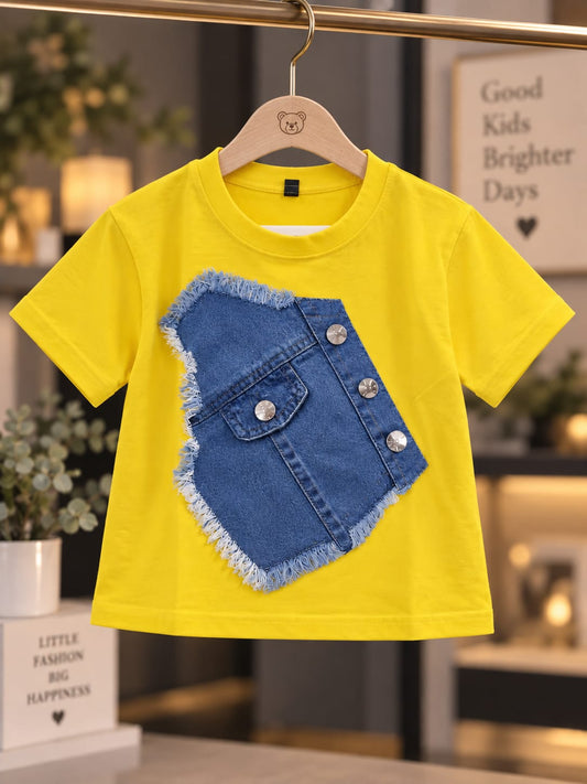 Girls Yellow T-Shirt with Denim Pocket Design | Half Sleeve Round Neck | Sizes 16–22
