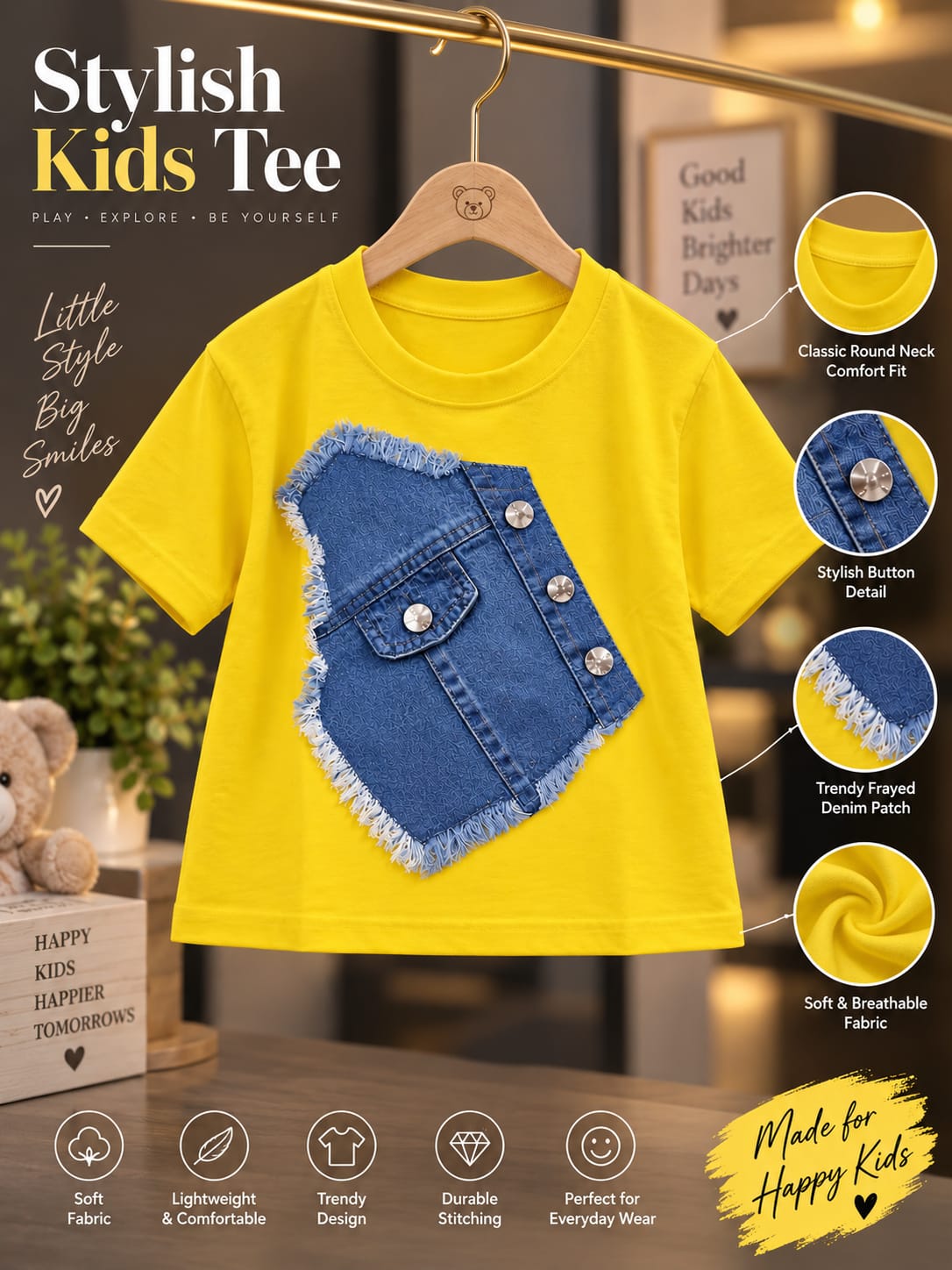 Girls Yellow T-Shirt with Denim Pocket Design | Half Sleeve Round Neck | Sizes 16–22