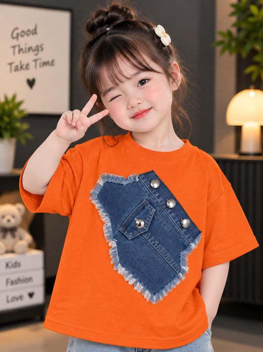 Kids Orange T-Shirt with Denim Pocket Design | Half Sleeve Round Neck | Sizes 16–22