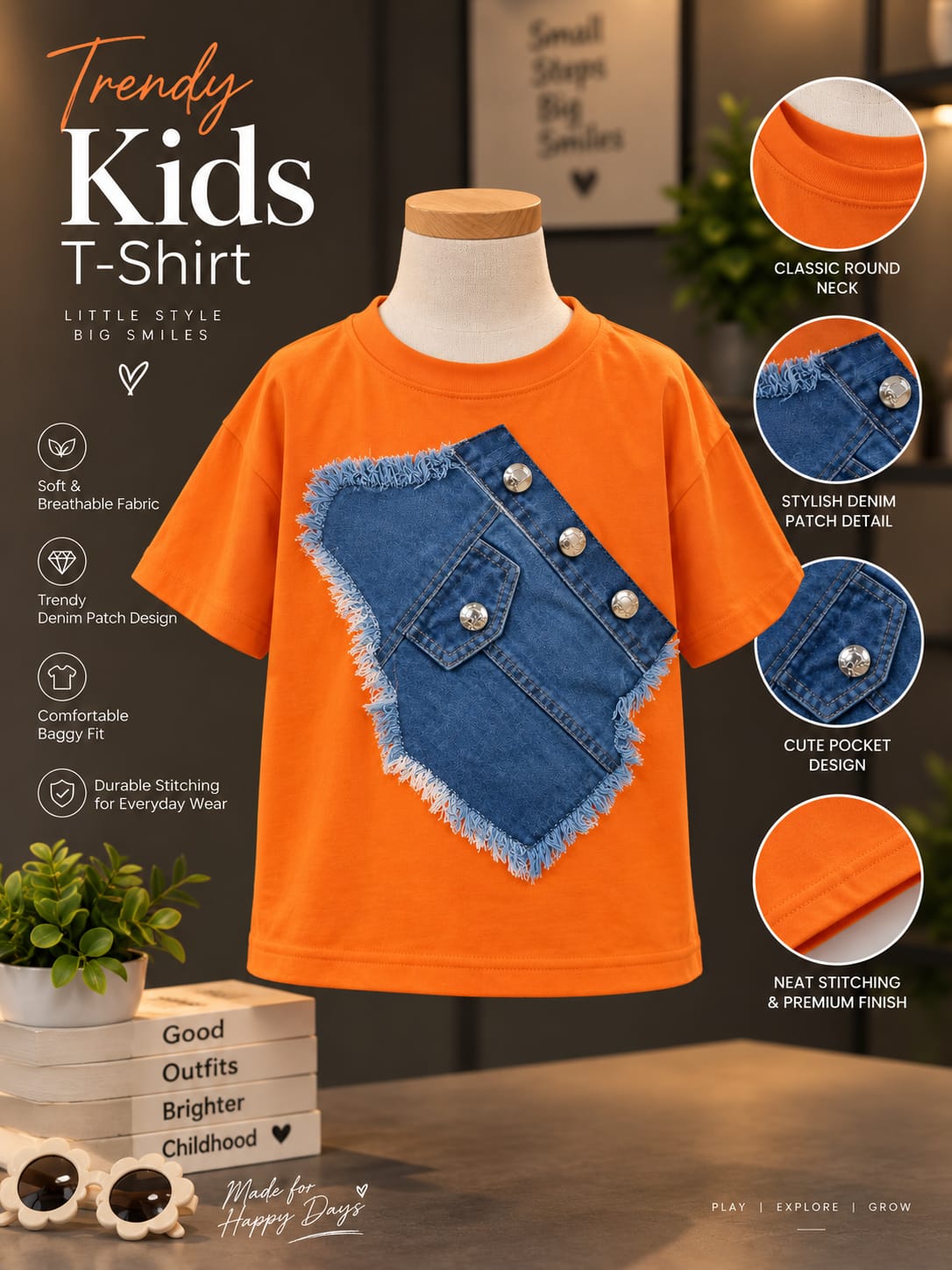Kids Orange T-Shirt with Denim Pocket Design | Half Sleeve Round Neck | Sizes 16–22