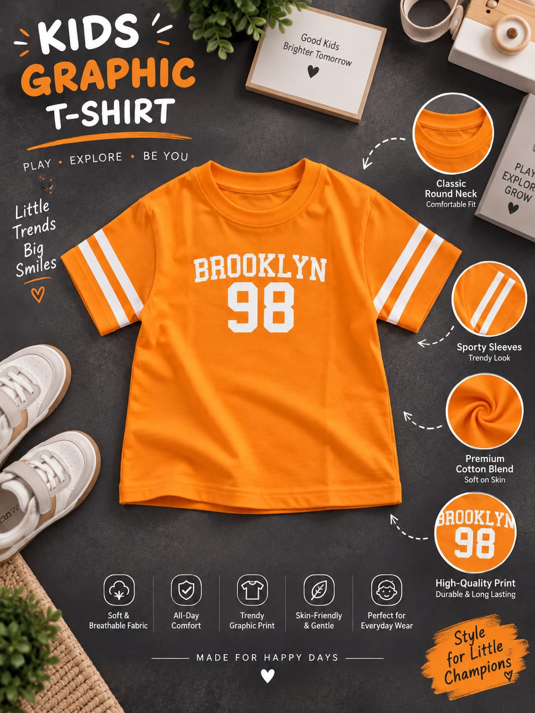 Girls Kids Orange Brooklyn 98 Printed T-Shirt | Half Sleeve | Sizes 16–22