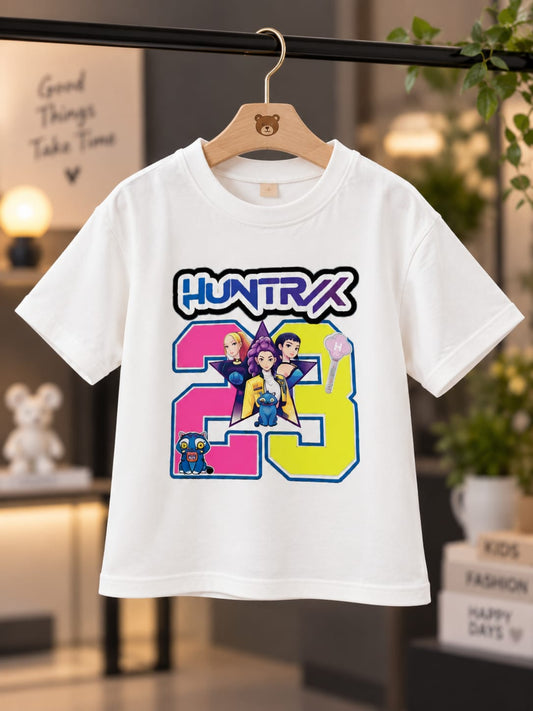 Girls Kids White Printed T-Shirt | HUNTRIX 29 Graphic Print | Half Sleeve | Sizes 16–20