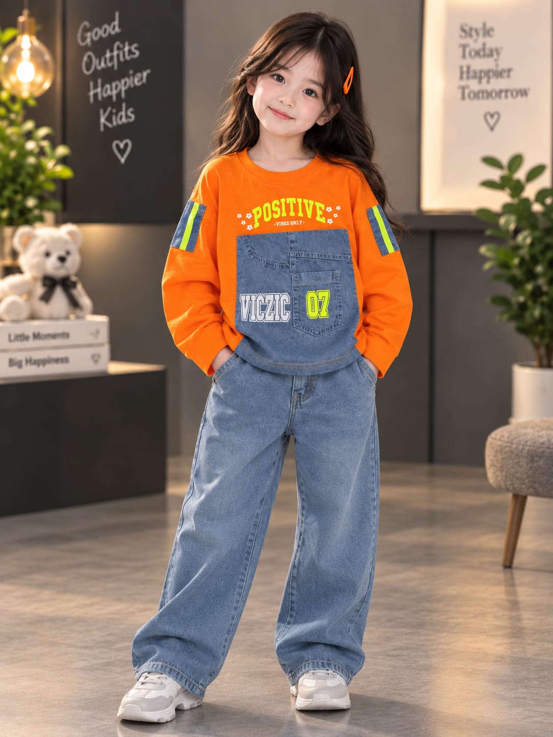 Girls Kids Orange Full Sleeve T-Shirt | Positive Vibes Denim Pocket Design | Sizes 24–36