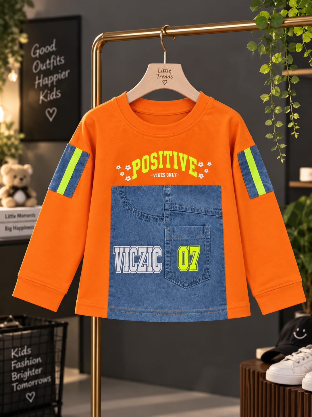 Girls Kids Orange Full Sleeve T-Shirt | Positive Vibes Denim Pocket Design | Sizes 24–36