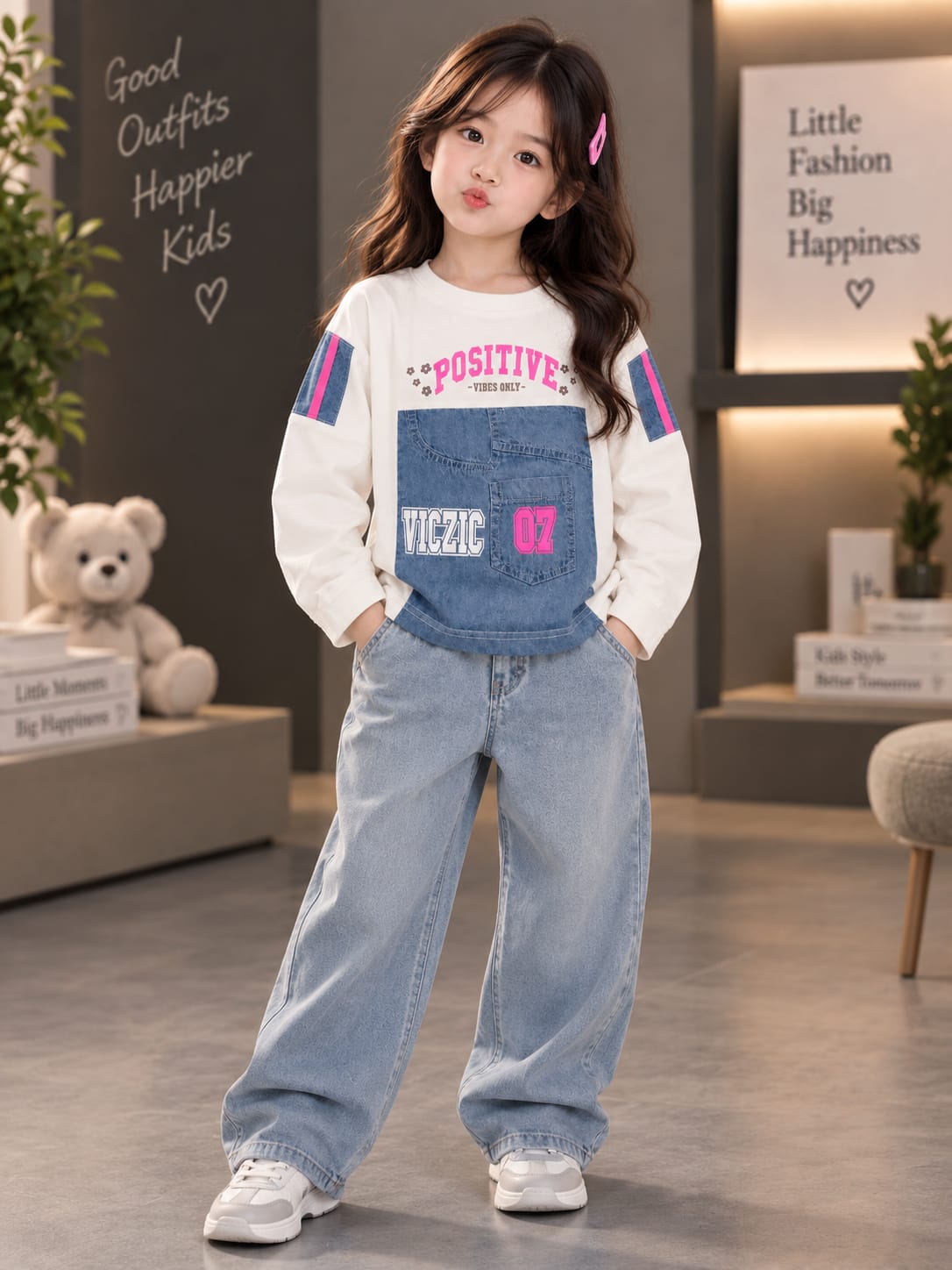 Girls Kids White Full Sleeve T-Shirt | Positive Vibes Denim Pocket Design | Sizes 24–36