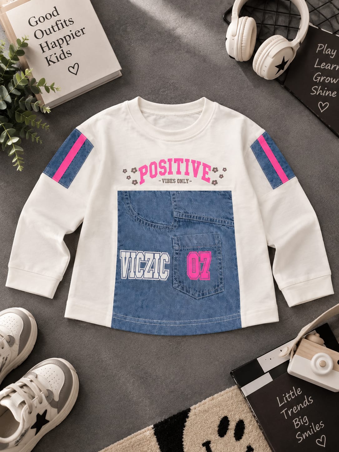 Girls Kids White Full Sleeve T-Shirt | Positive Vibes Denim Pocket Design | Sizes 24–36