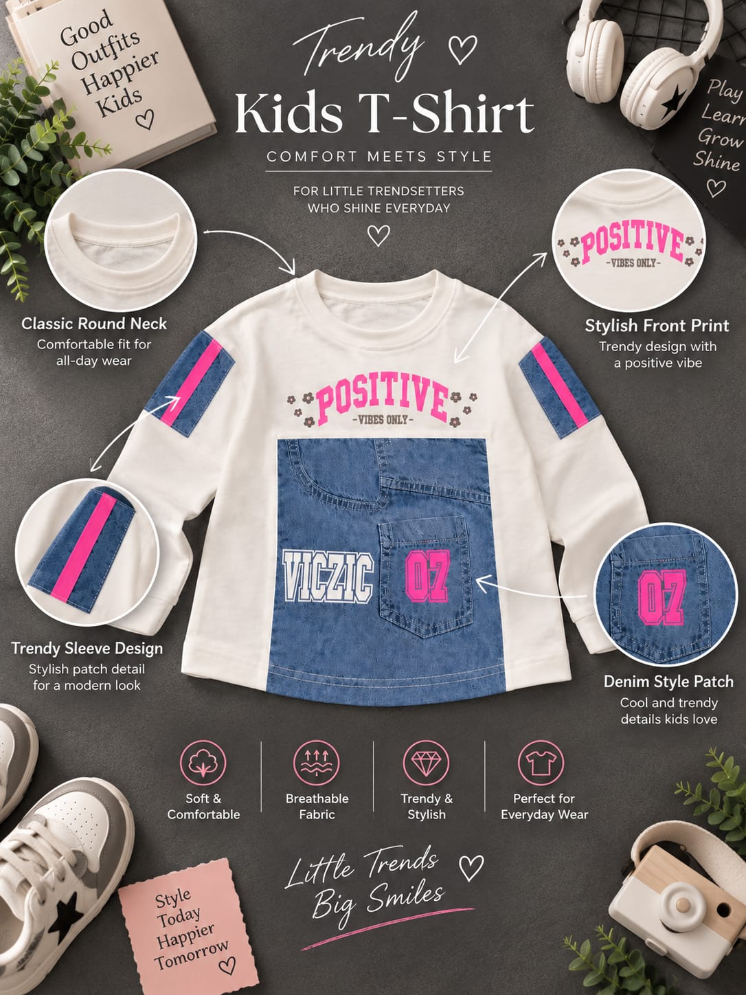 Girls Kids White Full Sleeve T-Shirt | Positive Vibes Denim Pocket Design | Sizes 24–36