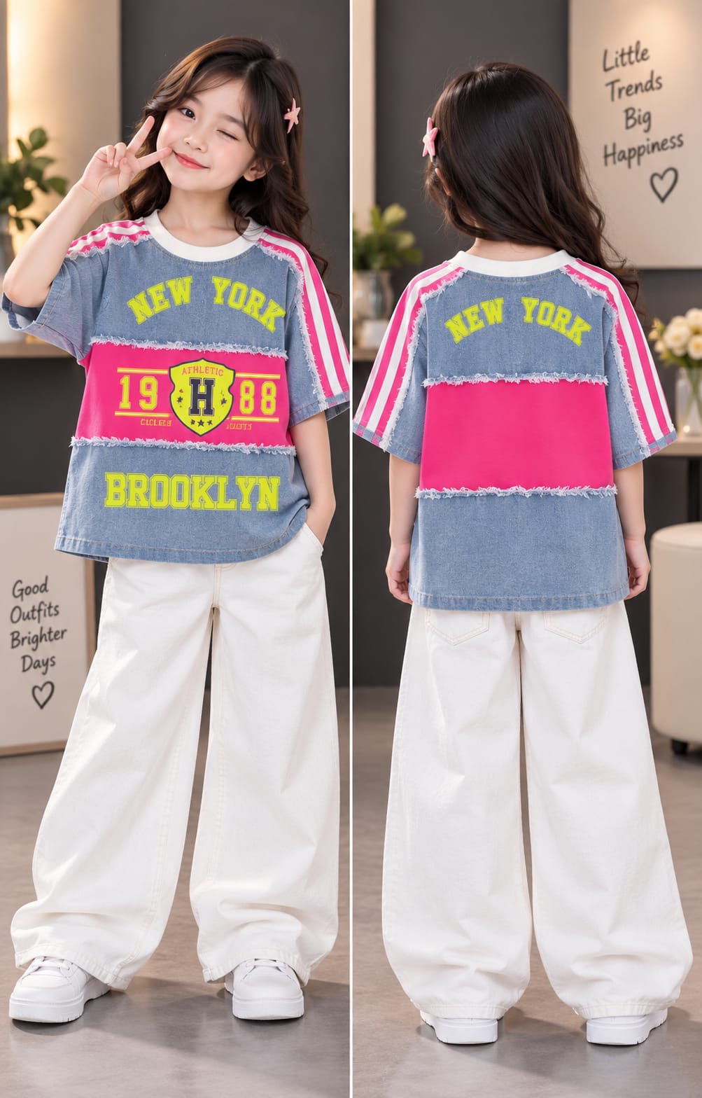 Girls Trendy Denim Style Half Sleeve Top – New York Brooklyn Print | Sizes 24–36