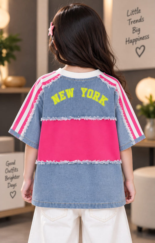 Girls Trendy Denim Style Half Sleeve Top – New York Brooklyn Print | Sizes 24–36