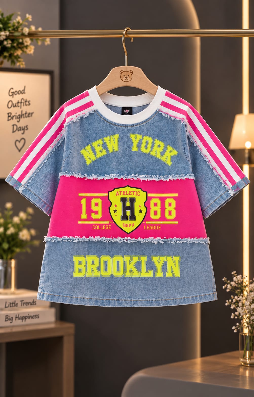 Girls Trendy Denim Style Half Sleeve Top – New York Brooklyn Print | Sizes 24–36
