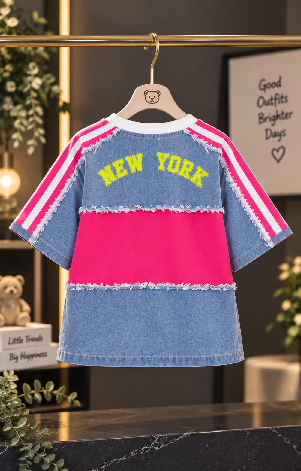 Girls Trendy Denim Style Half Sleeve Top – New York Brooklyn Print | Sizes 24–36