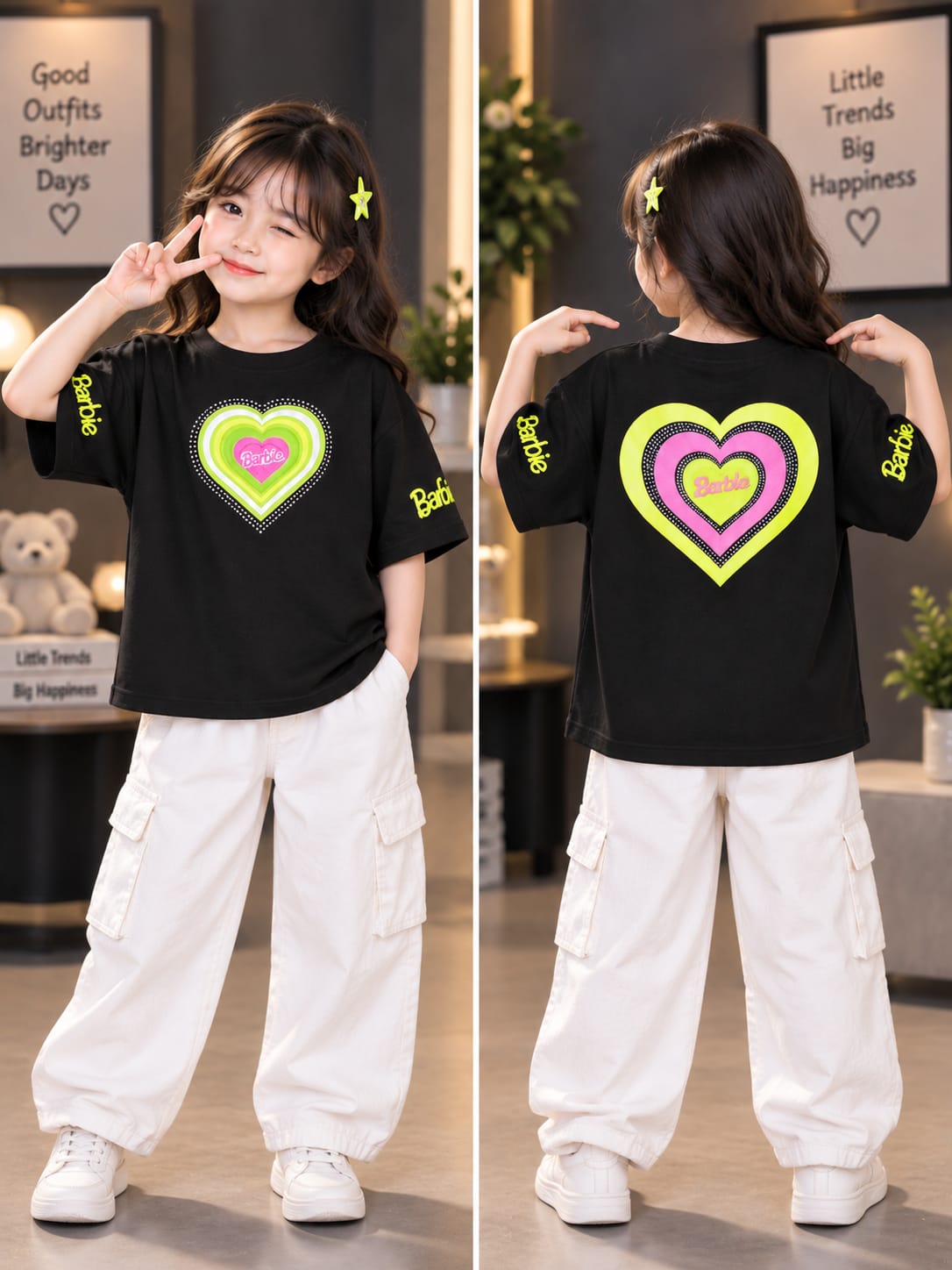 Girls Black Oversized T-Shirt – Heart Print & Barbie Graphic | Sizes 26–38