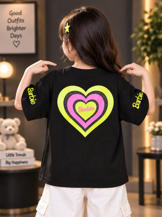 Girls Black Oversized T-Shirt – Heart Print & Barbie Graphic | Sizes 26–38