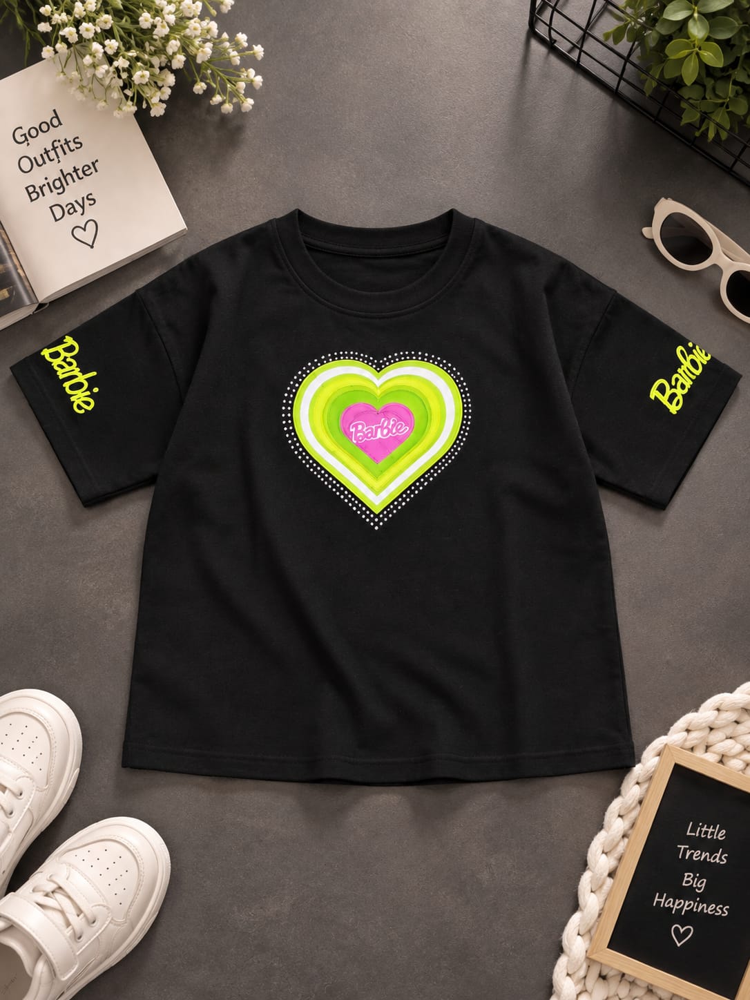Girls Black Oversized T-Shirt – Heart Print & Barbie Graphic | Sizes 26–38