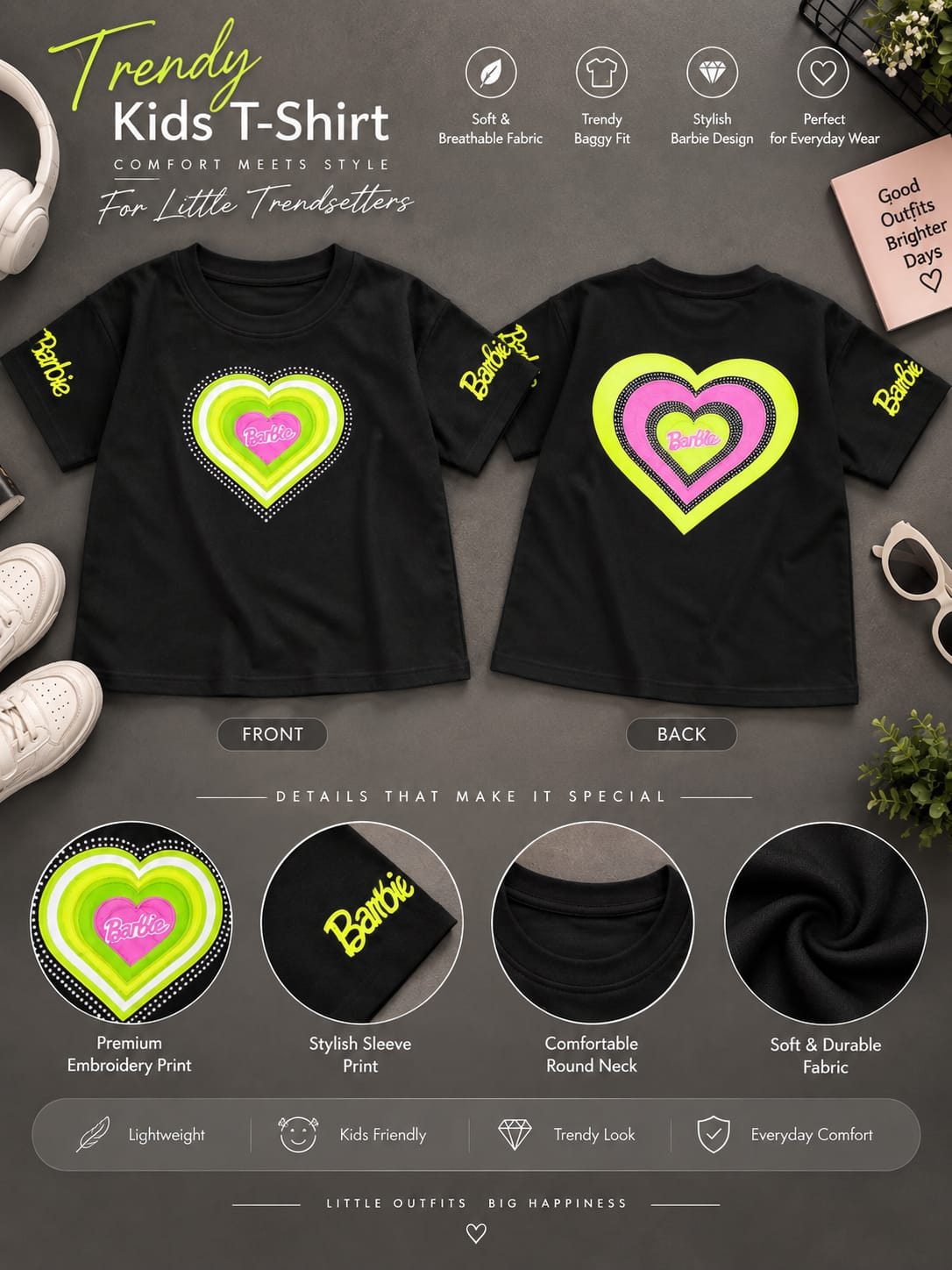Girls Black Oversized T-Shirt – Heart Print & Barbie Graphic | Sizes 26–38