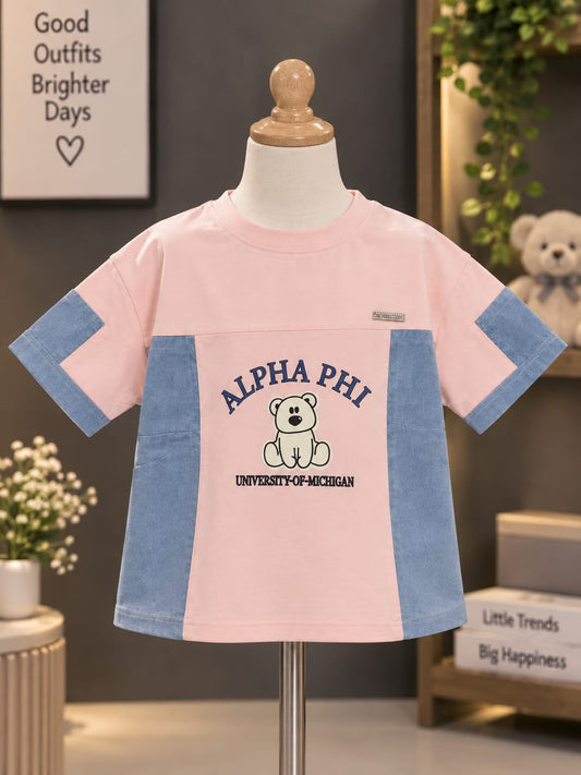 Girls Stylish Pink & Denim Blue Printed T-Shirt – Teddy Bear Graphic | Sizes 24–36