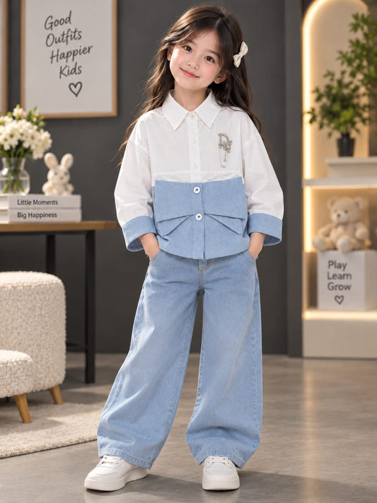 Girls Kids White & Sky Blue Shirt | Collared Full Sleeve Bow Design | Stylish Casual Shirt | Sizes 24–36