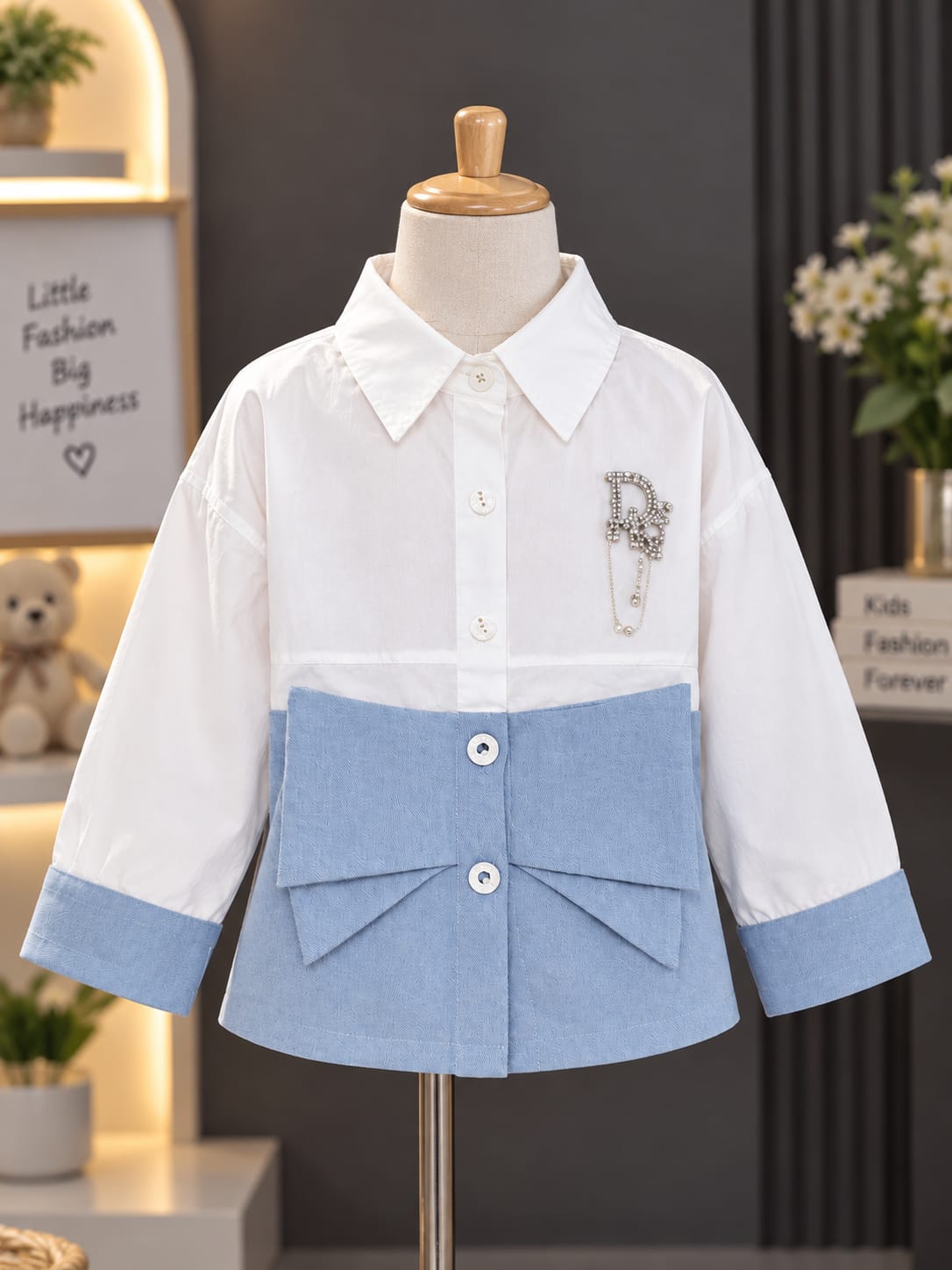 Girls Kids White & Sky Blue Shirt | Collared Full Sleeve Bow Design | Stylish Casual Shirt | Sizes 24–36