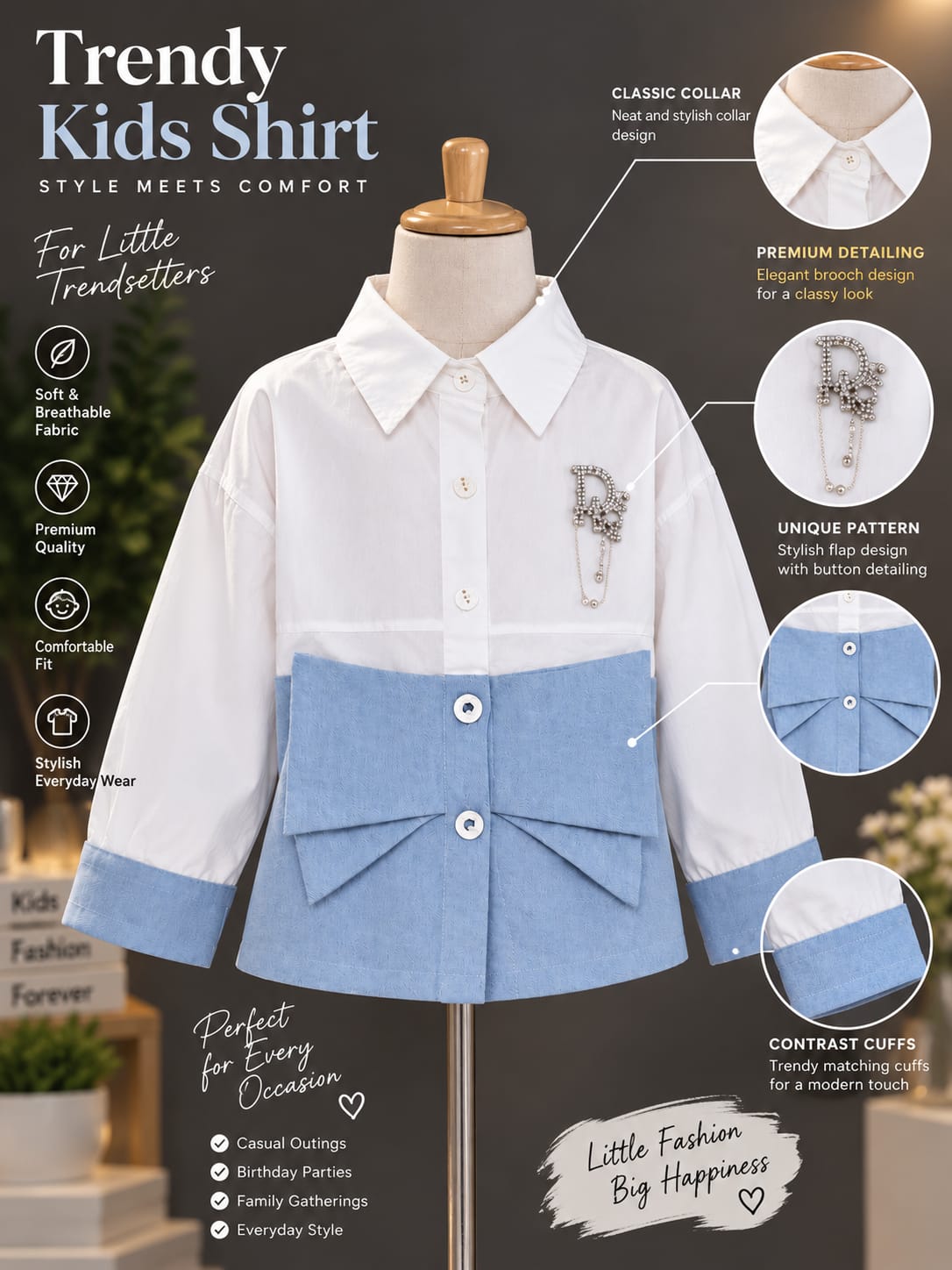 Girls Kids White & Sky Blue Shirt | Collared Full Sleeve Bow Design | Stylish Casual Shirt | Sizes 24–36