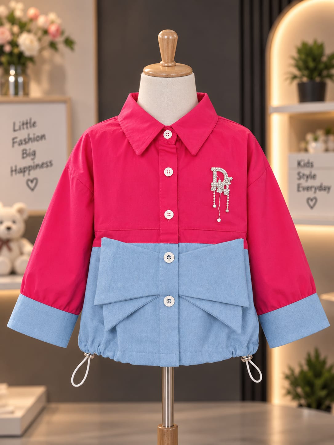 Girls Stylish Full Sleeve Shirt – Pink & Sky Blue Bow Design | Sizes 24–36