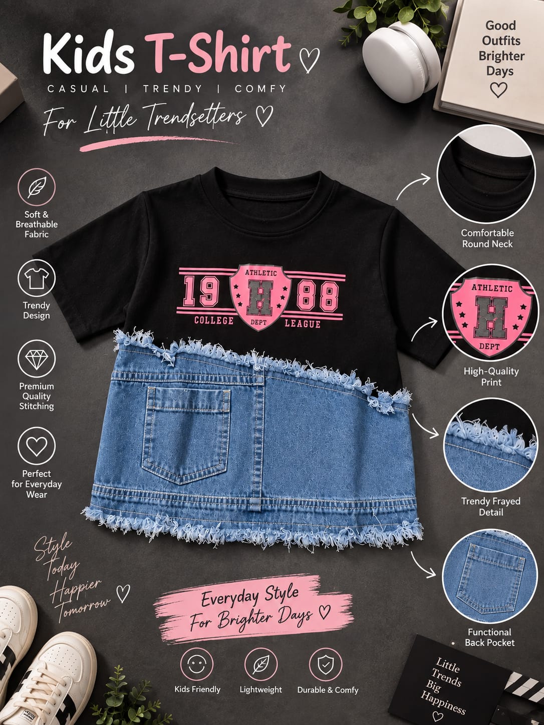Girls Black T-Shirt with Denim Pocket Panel & Graphic Print | Sizes 24–36