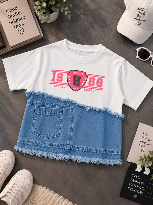 Girls White & Denim Blue Graphic T-Shirt – Stylish Casual Top | Sizes 24–36