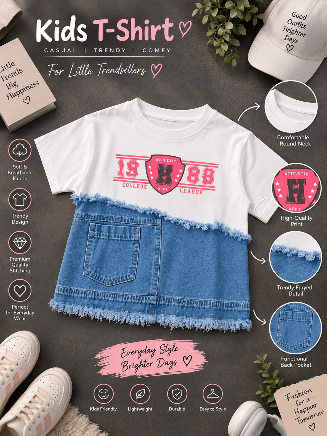 Girls White & Denim Blue Graphic T-Shirt – Stylish Casual Top | Sizes 24–36