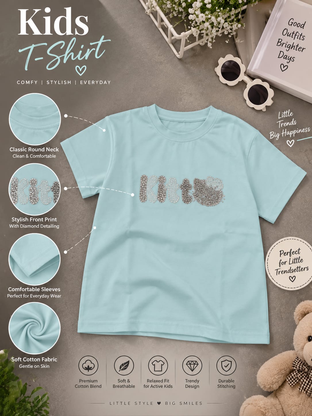 Girls Light Blue Oversized T-Shirt with Rhinestone Graphic | Stylish Casual Tee | Sizes 26–36