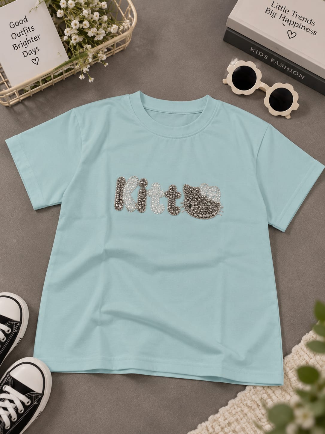 Girls Light Blue Oversized T-Shirt with Rhinestone Graphic | Stylish Casual Tee | Sizes 26–36
