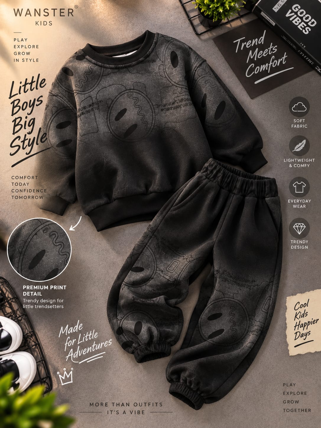 Boys Korean Style Printed Co-Ord Set | Premium Sweatshirt & Jogger Set | Sizes 18–26