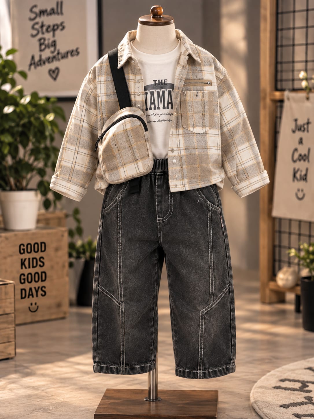 Boys Premium Korean Style Checkered Jacket & Baggy Jeans Set | Trendy Co-Ord Outfit | Sizes 18–26