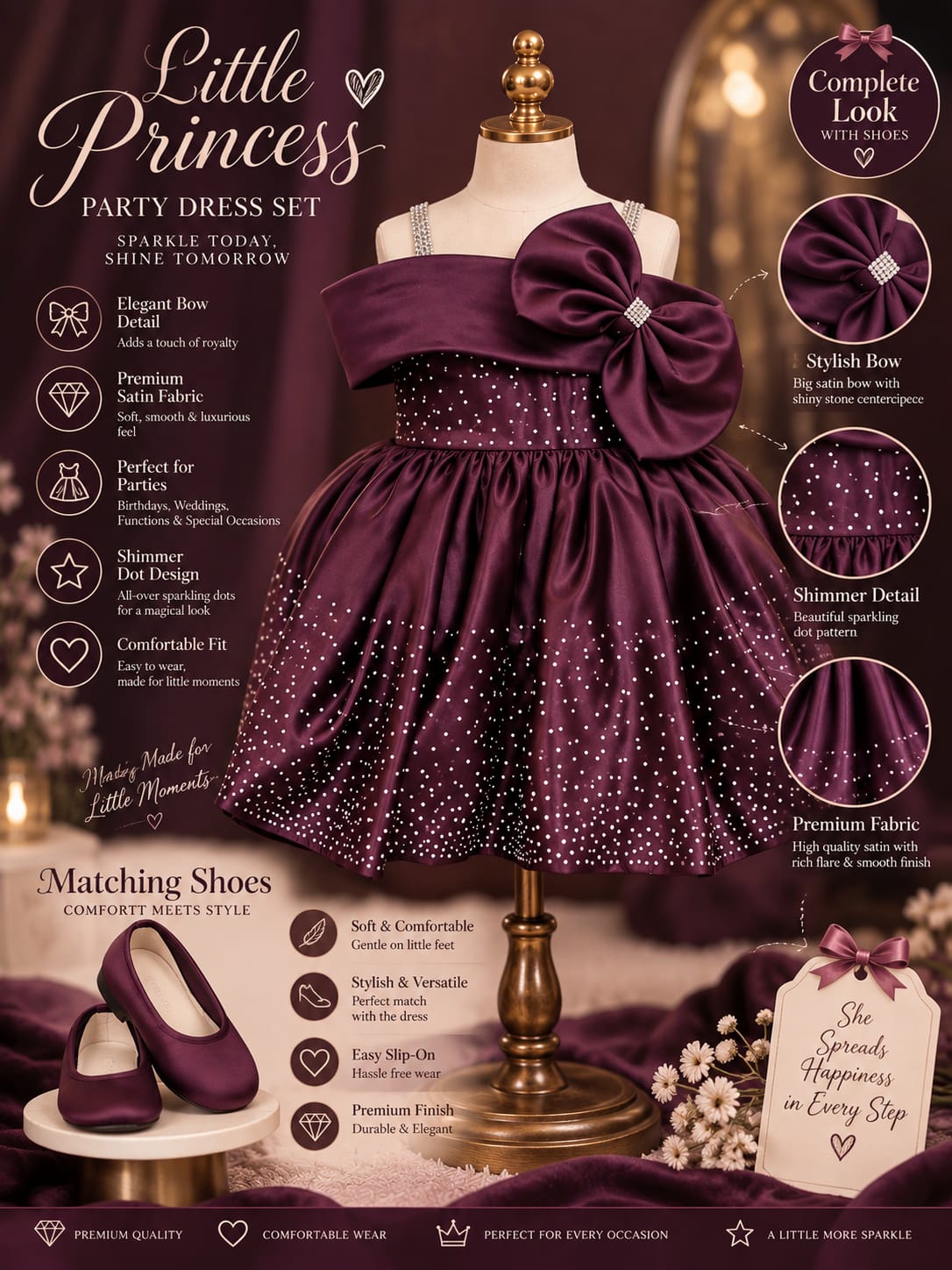 Girls Premium Purple Party Wear Frock | Satin Bow & Sequin Dress | Sizes 12–14