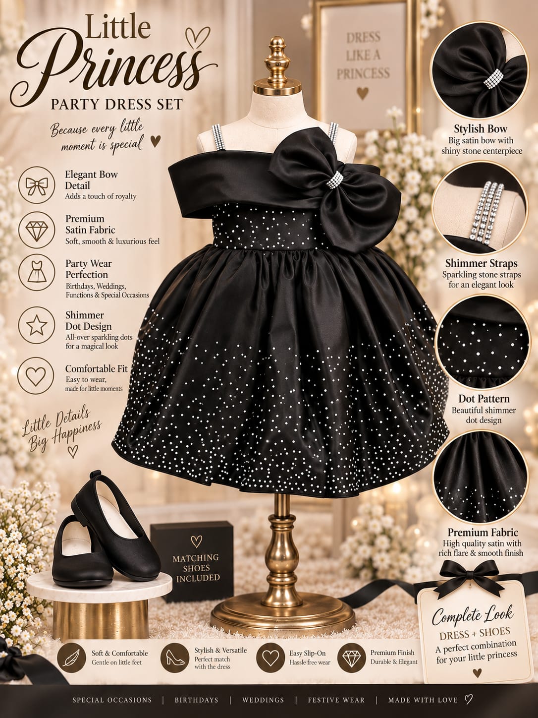 Girls Premium Black Party Wear Frock | Satin Bow & Sequin Dress | Sizes 12–14