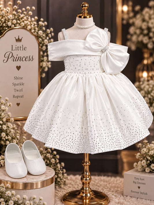 Girls Premium White Party Wear Frock | Satin Bow & Sparkle Detail Dress | Sizes 12–14